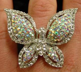 Iridescent Stretchy Rhinestone Butterfly Ring