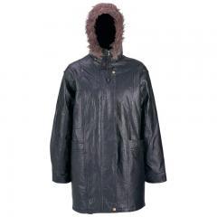 Ladies' Hand-Sewn Pebble Grain Genuine Leather Coat with Faux Fur Hood - L