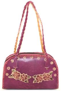 Fuchsia Faux Leather Floral Embossed Handbag w/Braided Straps