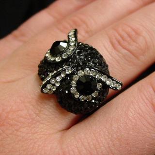 Black Stretchy Rhinestone Owl Ring