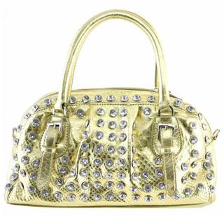 Gold Metallic-Look 2-Pocket Acrylic Stones Studded Handbag w/Handles and Removable Shoulder Strap
