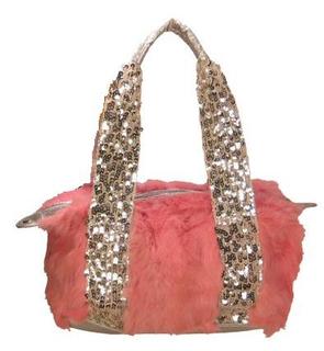 Pink Genuine Rabbit Fur Handbag w/Sequined Strap