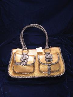 Faux Snake Trim Pebble Grain Leather Handbag