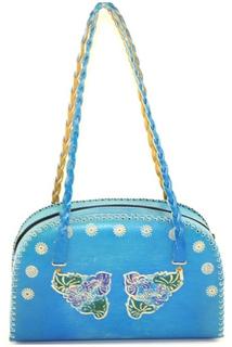 Turquoise Faux Leather Floral Embossed Handbag w/Braided Straps